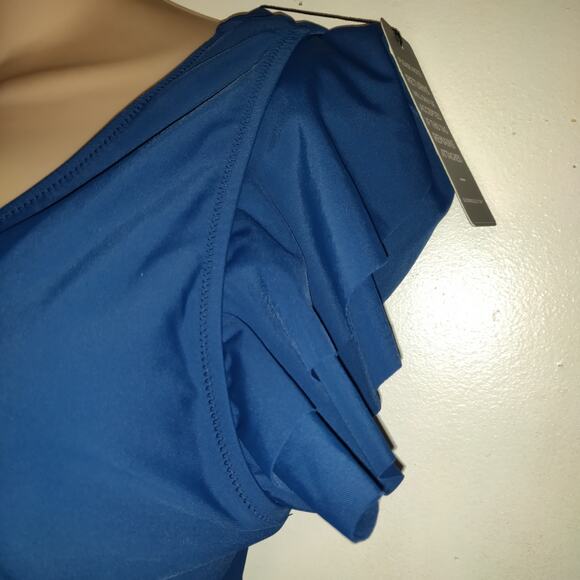 Bloomin Jelly Swimsuit LARGE Tiered Flutter Sleeves Ruching Turquoise Black NWT - Picture 3 of 16